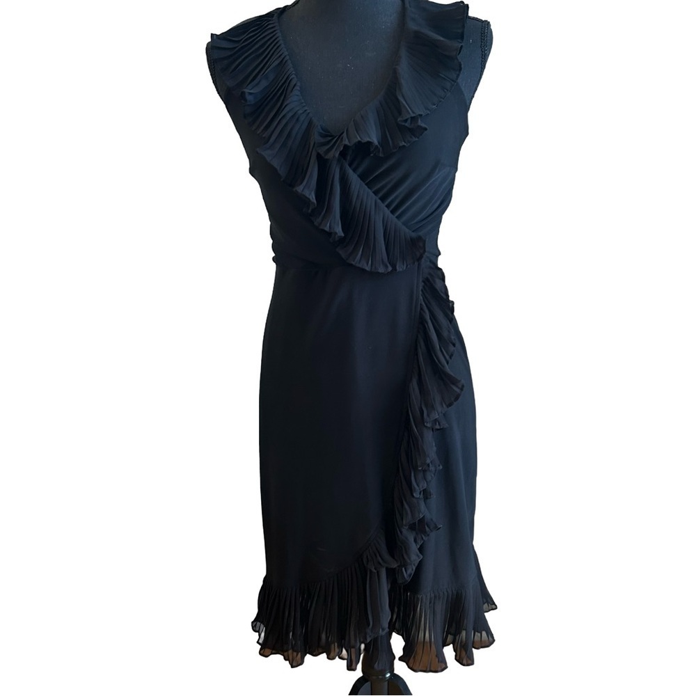 White House Black Market Black Sleeveless Wrap Dress with Ruffle Detail. Size 8